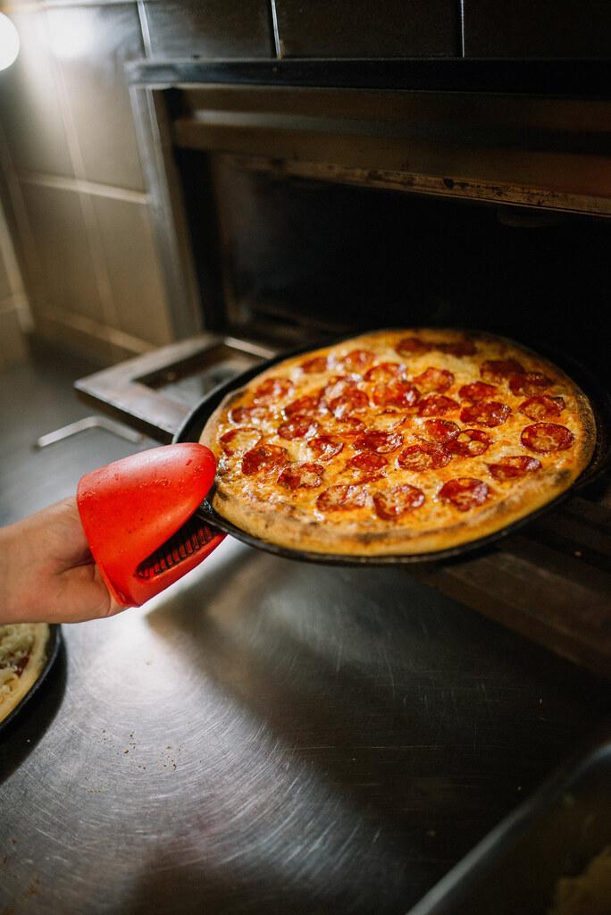 Double pepperoni pizza fresh out of the oven